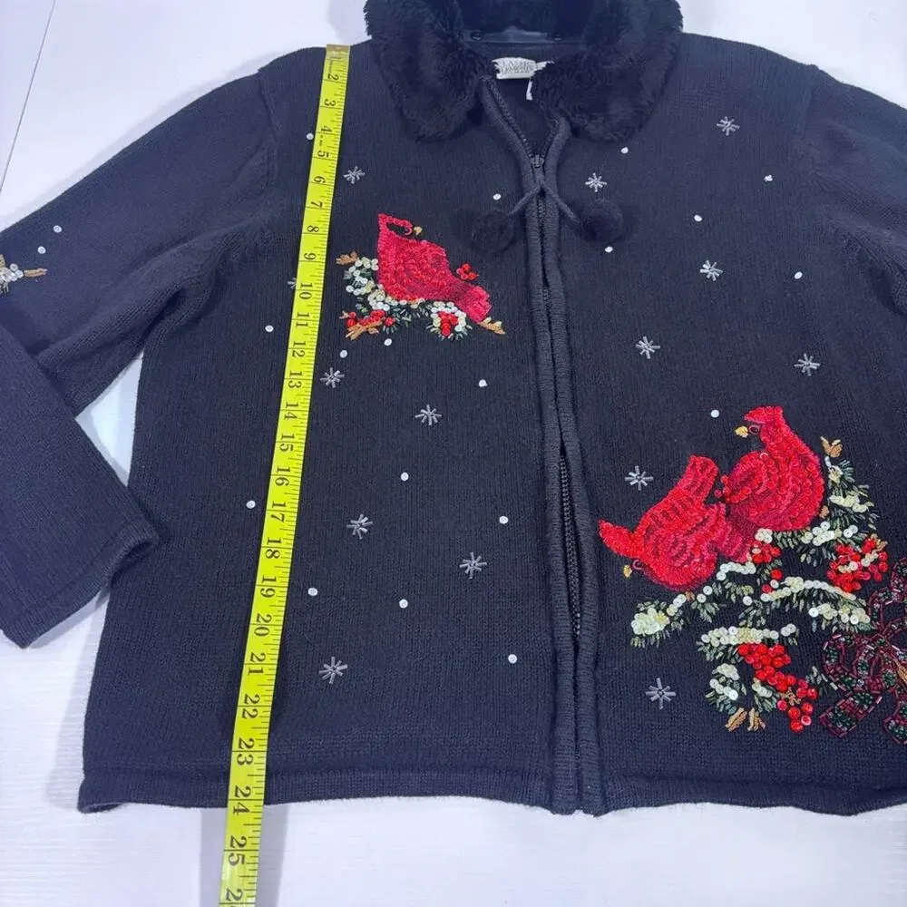 Classic Elements Black Zip-up Cardigan with Red Sequins Cardinals Size XL T4